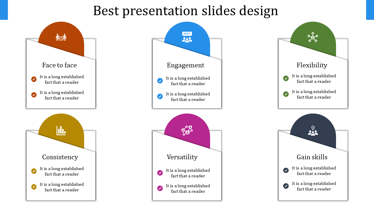 Six square white cards with colorful semicircle tops, each featuring a unique icon, arranged in two rows.