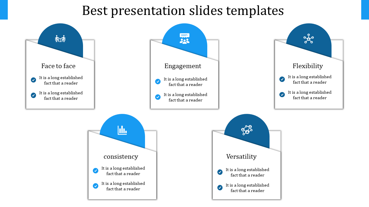 Five white rectangular cards with blue semicircle headers, arranged in a grid layout on a white background.