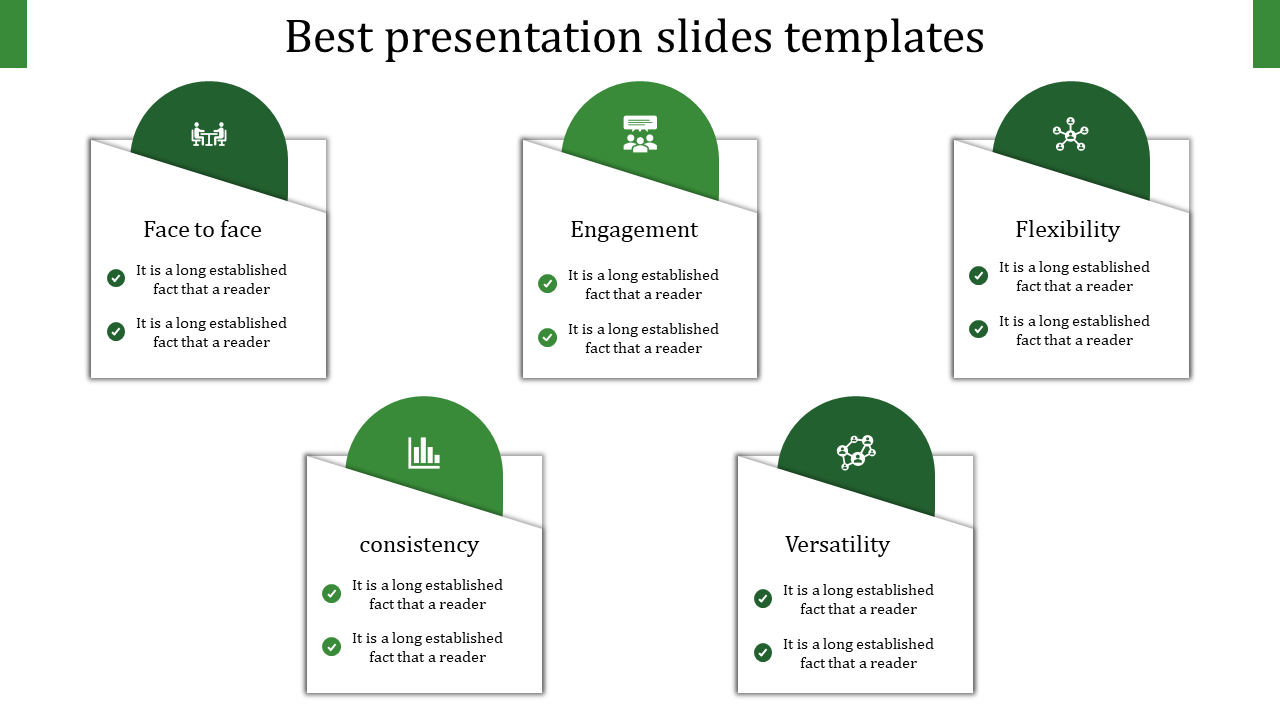 Slide design infographic with five white cards arranged in two rows, each featuring a green circular top section.