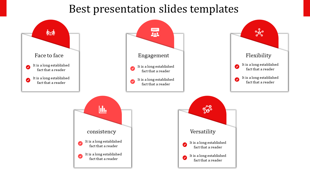 A red themed slide showcasing five key qualities from face to face to versatility, each with icons.