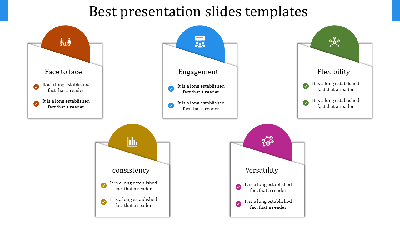 Slide featuring five panels with icons in orange, blue, green, gold, and purple semi circles, each describing qualities.