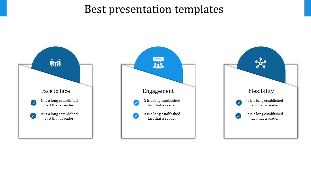 Grid layout of three white cards with overlapping blue circular headers, featuring icons and placeholder text areas.