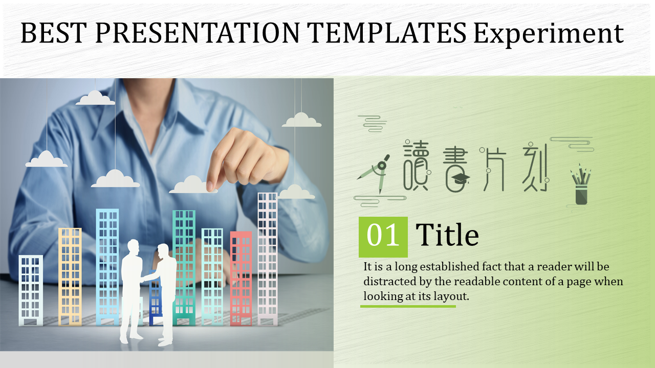 Slide featuring a person interacting over a cityscape with clouds and a green themed sidebar with text.