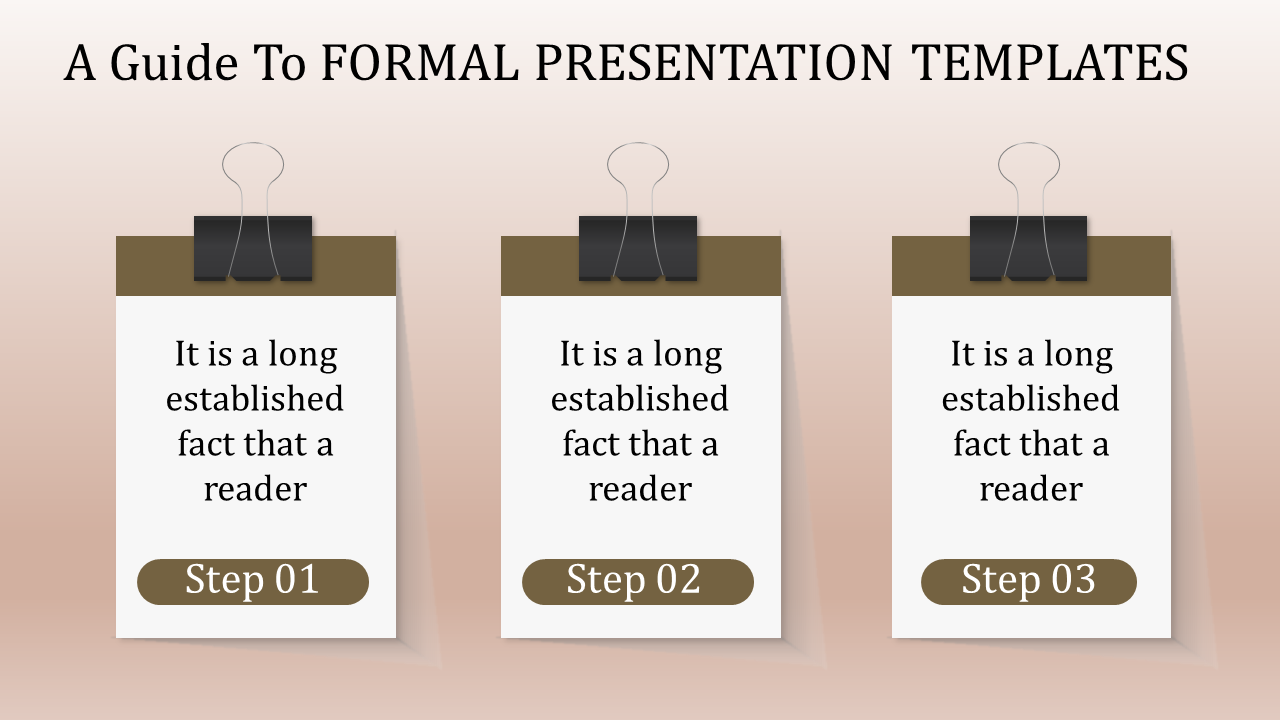 Formal presentation slide with three numbered steps, each accompanied by a text box and paperclip design.