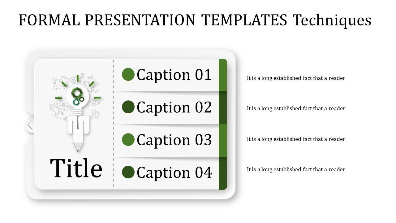 Formal slide with a central list of four captions on a white card layout with a green accent.