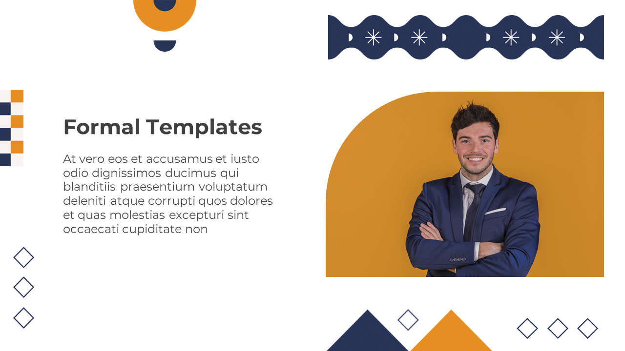 Formal PPT slide with a modern design, featuring geometric patterns and a professional in a blue suit on a yellow background.