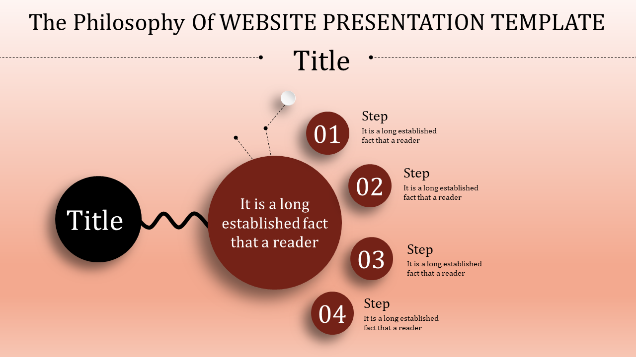 Slide featuring a black circle connected to a larger red with four numbered steps on a gradient background.