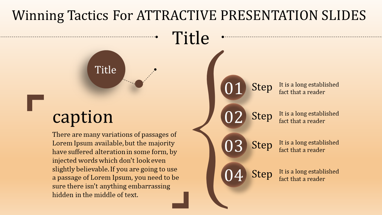 Attractive presentation slide featuring numbered steps with text and a section for captions.