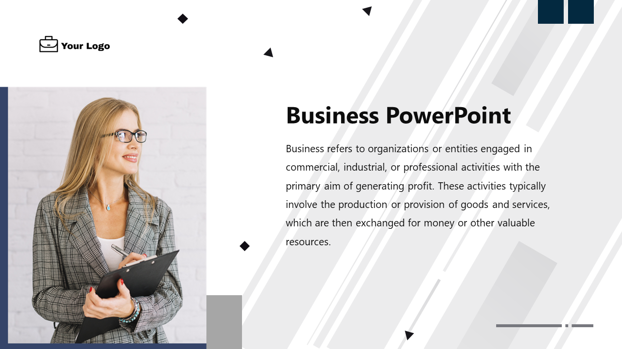 Attractive business slide featuring a confident woman in a blazer, with a brief definition of business operations.