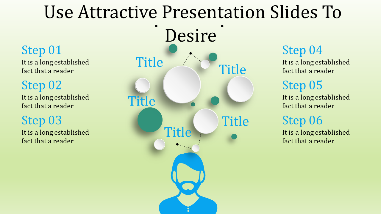 Creative presentation design slide with six steps on either side and circular elements connected above a human icon.