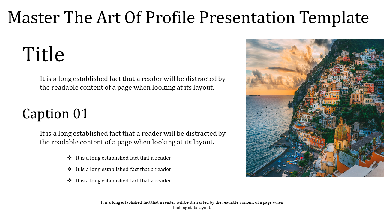 Profile PPT template featuring a scenic view of a coastal town with colorful buildings at sunset with placeholder text.