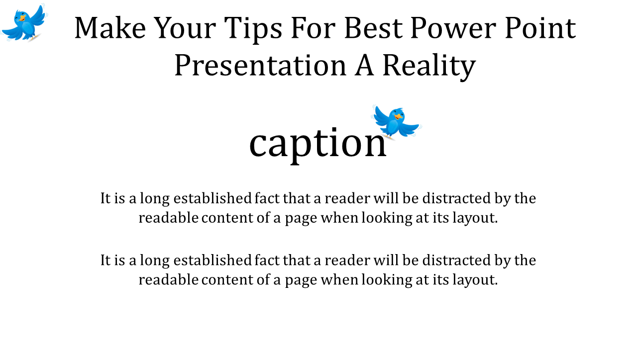 Simple presentation slide with a title, caption text, and a bluebird graphic symbolizing creativity and communication.