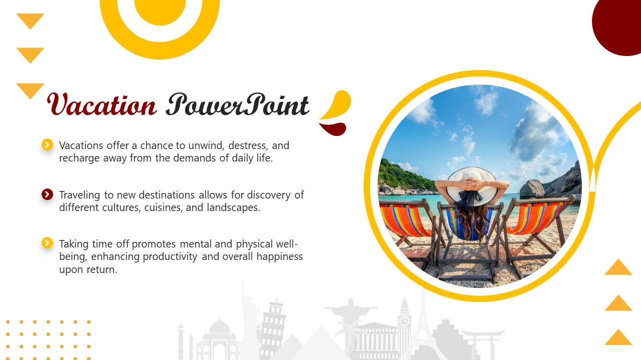 Colorful vacation themed PowerPoint slide featuring a person relaxing on the beach with three sections.