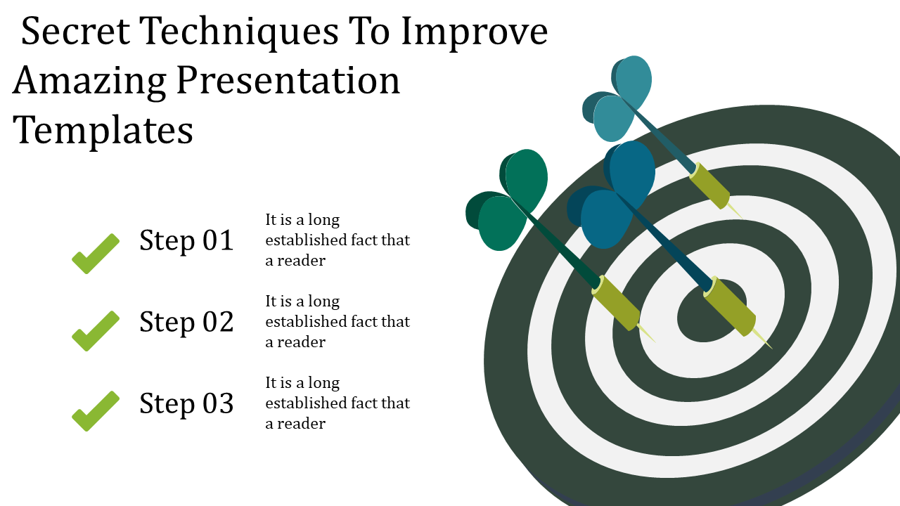 Slide featuring a target with arrows and three steps with green checkmarks and descriptions on a white background.