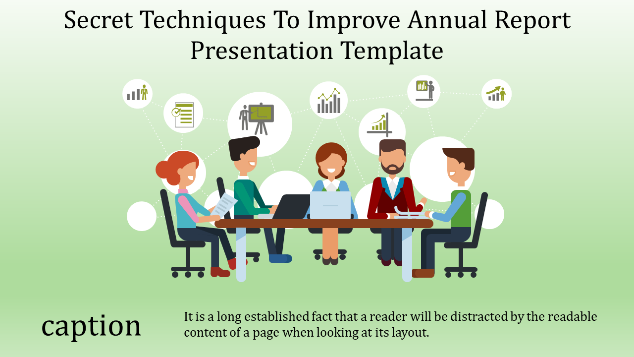 Illustration of a business team discussing annual report strategies with data icons in the green background.