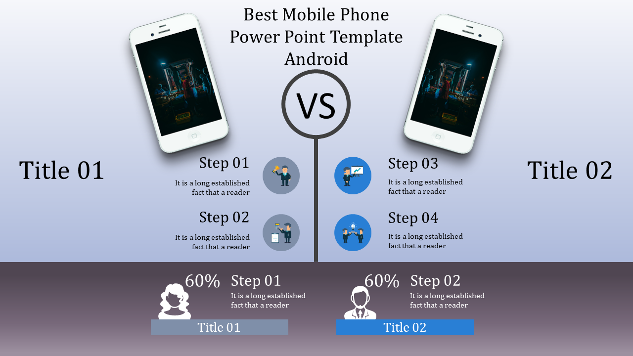 Template for mobile phone comparison, showing steps with icons, percentages, and title areas.