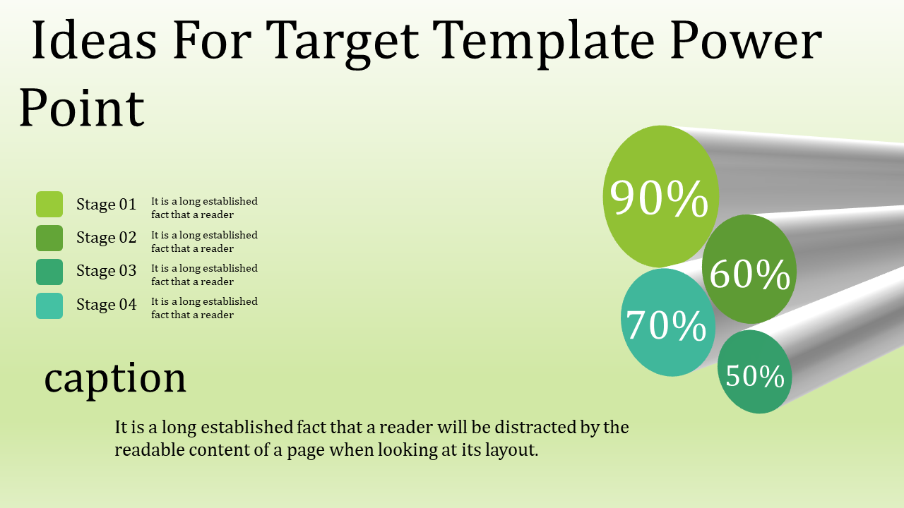 Target PPT slide with four stages labeled 50 to 90 percent on a gradient background with placeholder text on a green theme.