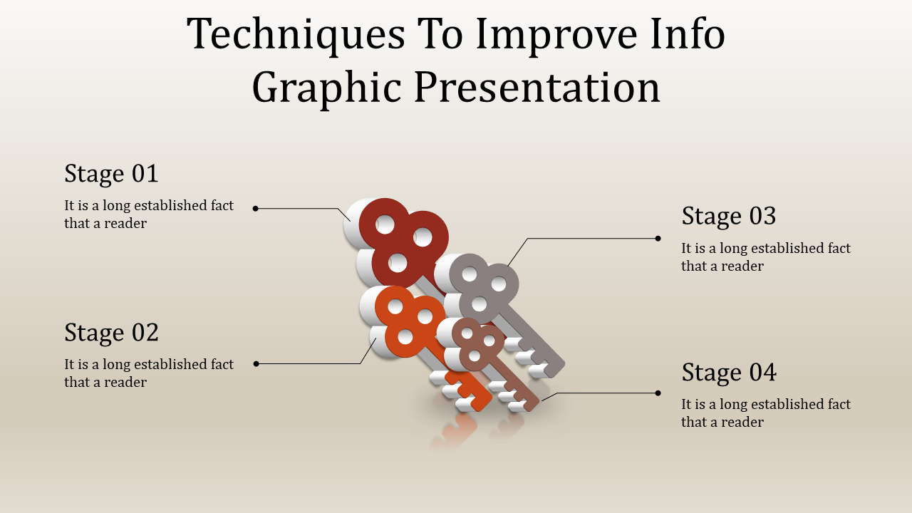 Four interconnected keys labeled Stage 01 to Stage 04, illustrate techniques for enhancing infographic presentations.