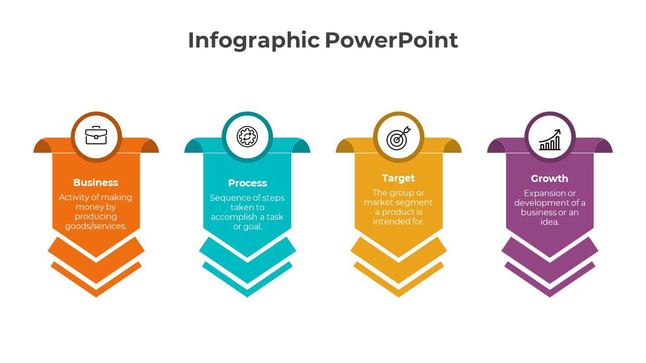 Infographic PPT slide with four labeled sections from Business to Growth, each featuring a colorful icon and description.