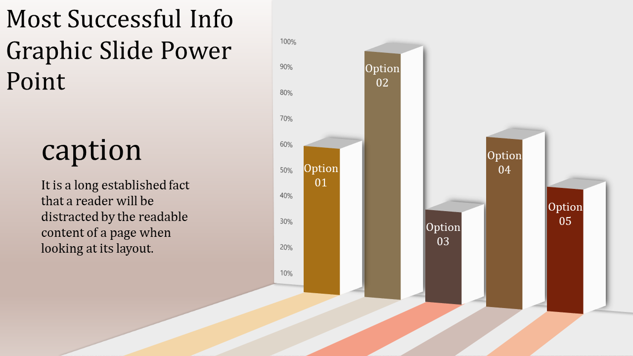 Infographic slide with five colored vertical bars and options with percentage scale and captions.