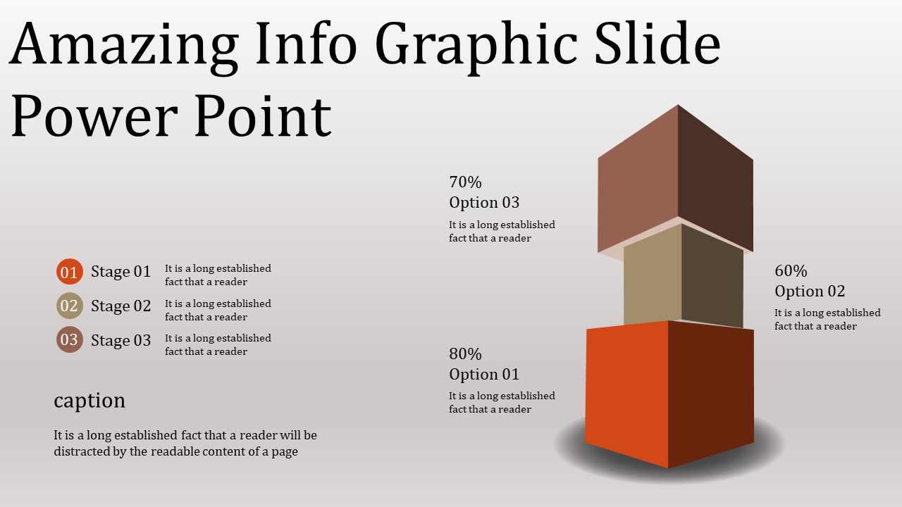 Infographic PowerPoint slide featuring a 3D stacked block design labeled with percentages and stages.