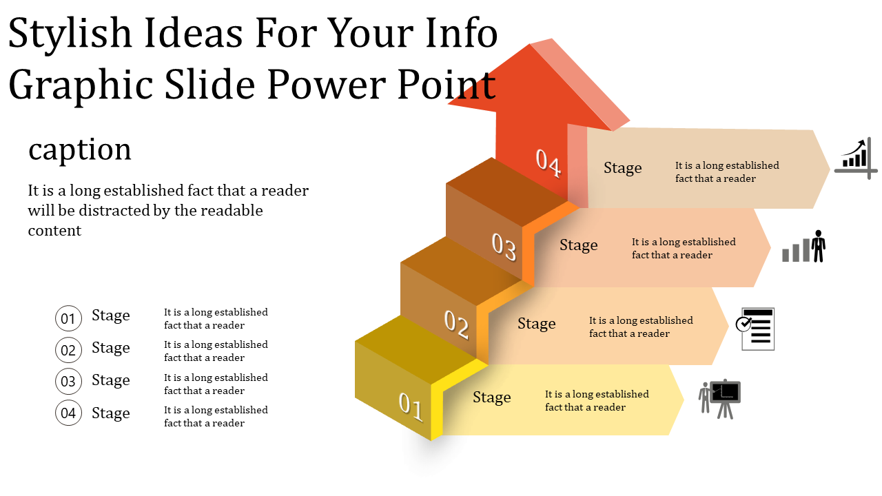 Infographic PowerPoint slide showing four ascending stages with icons and percentages, illustrating progress from 01 to 04.