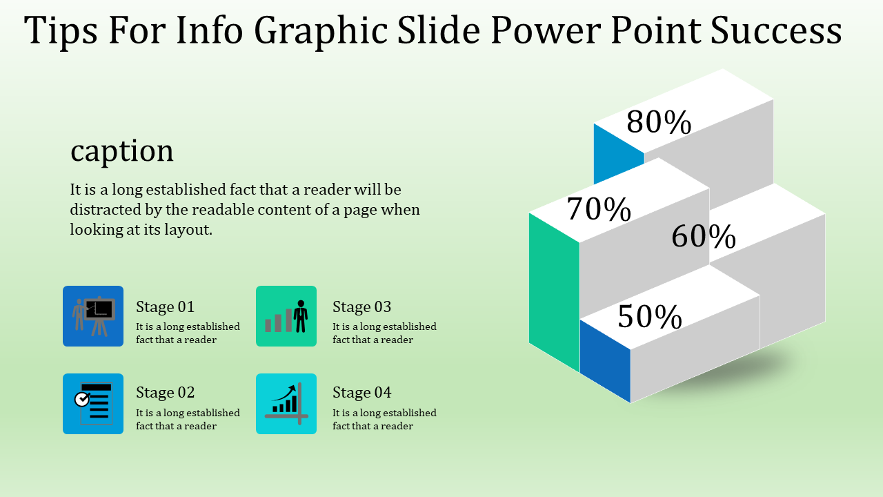 3D bar chart with percentages and four colorful icons with captions on a light green gradient background.