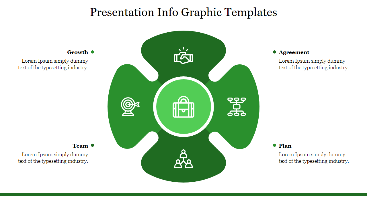 Green themed infographic PPT template with icons representing Growth, Agreement, Team, and Plan stages.