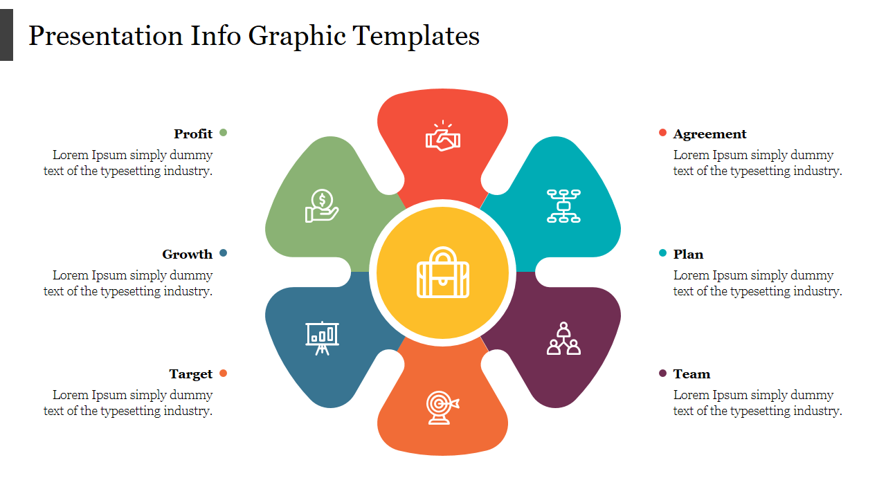 Colorful presentation template featuring icons for profit, growth, agreement, plan, target, and team in a circular layout.