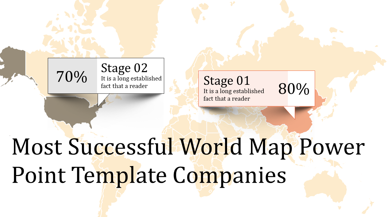 PowerPoint template featuring a world map with stage markers and percentage values indicating progress in specific regions.