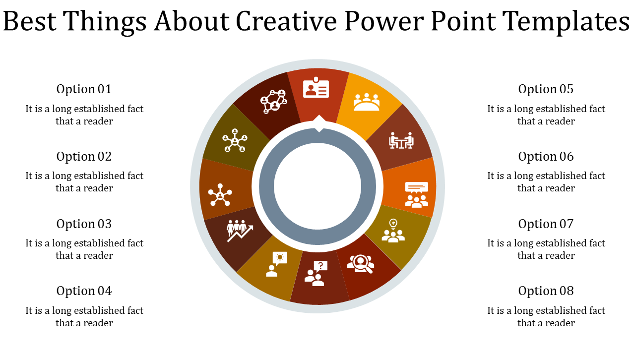 Circular infographic with eight colorful segments containing icons, surrounded by labeled options for creative templates.