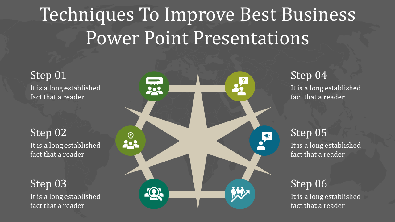 Business PPT slide with a compass design, each step representing a business technique with icons on a grey map backdrop.