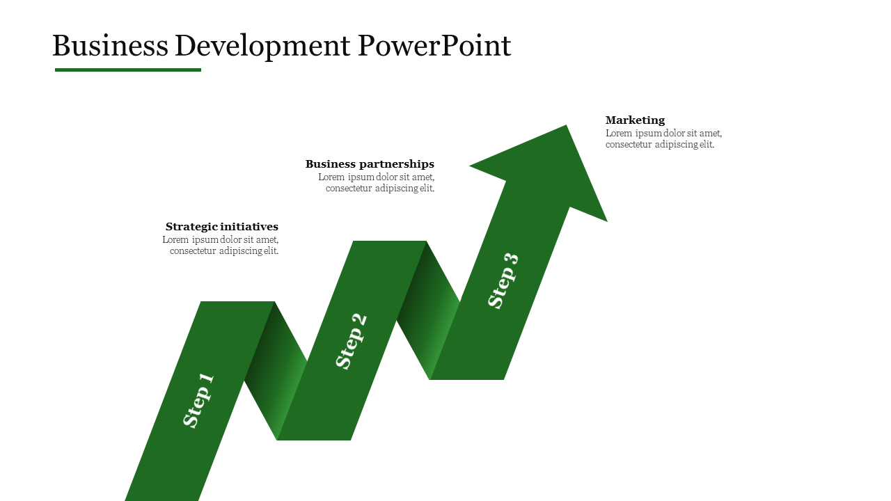 Upward zigzag arrow in green with three sections, visually depicting a progressive process on a white background.