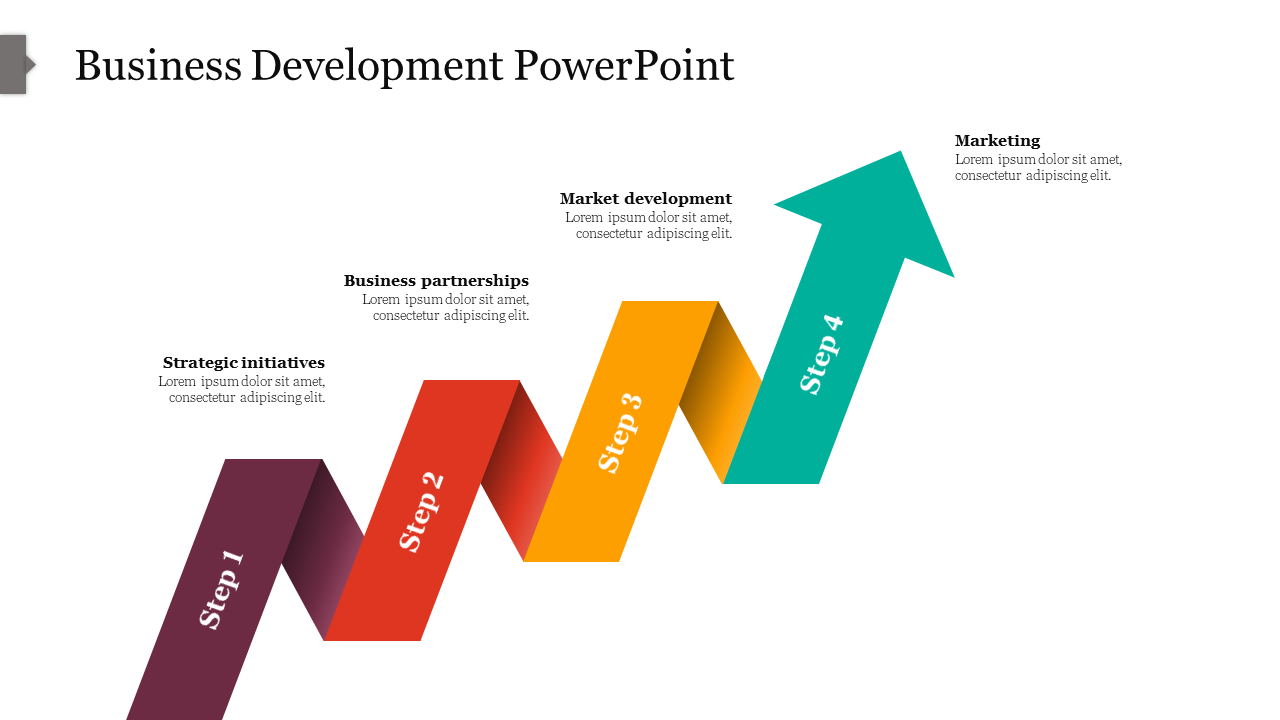 Business development slide featuring a four step zigzag arrow in purple, red, orange, and teal with labels.