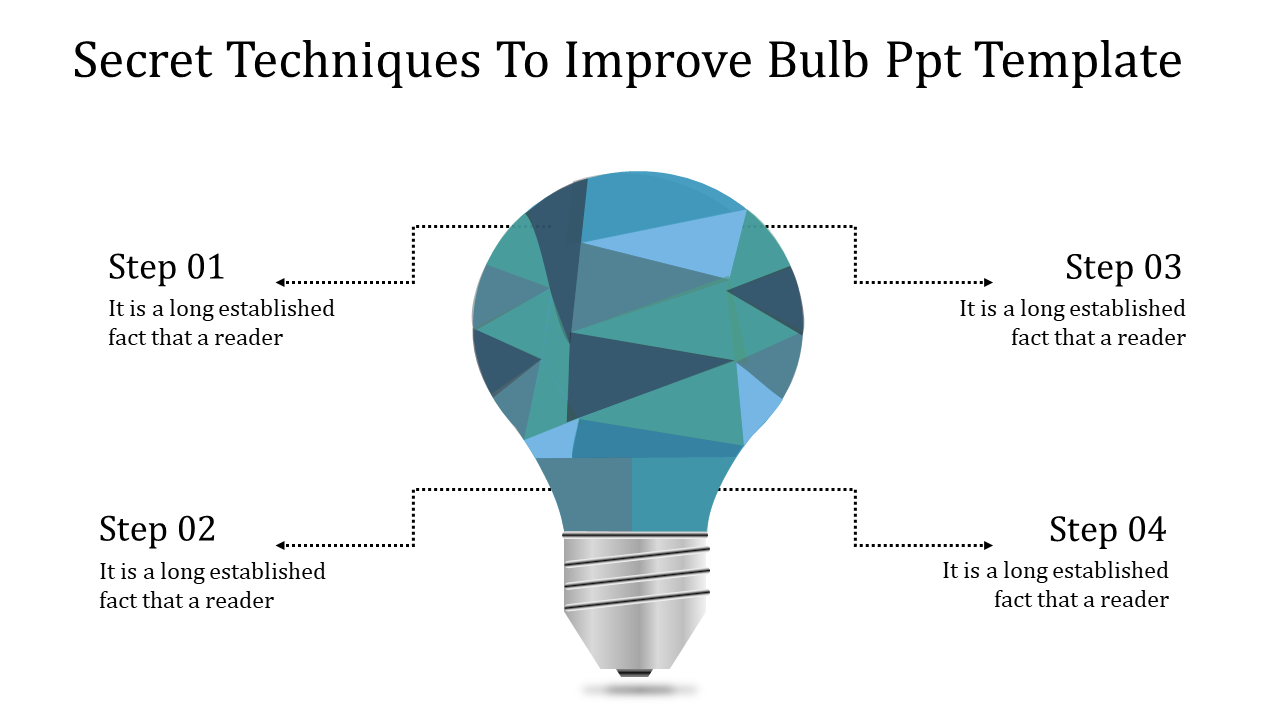 PowerPoint slide featuring a geometric bulb illustration with four labeled steps connected by dotted arrows.