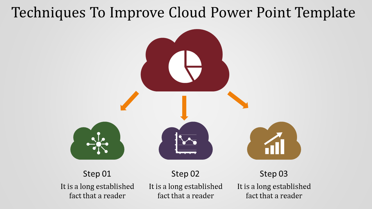 Cloud infographic slides showing three steps to improve cloud techniques with arrows and step by step icons.