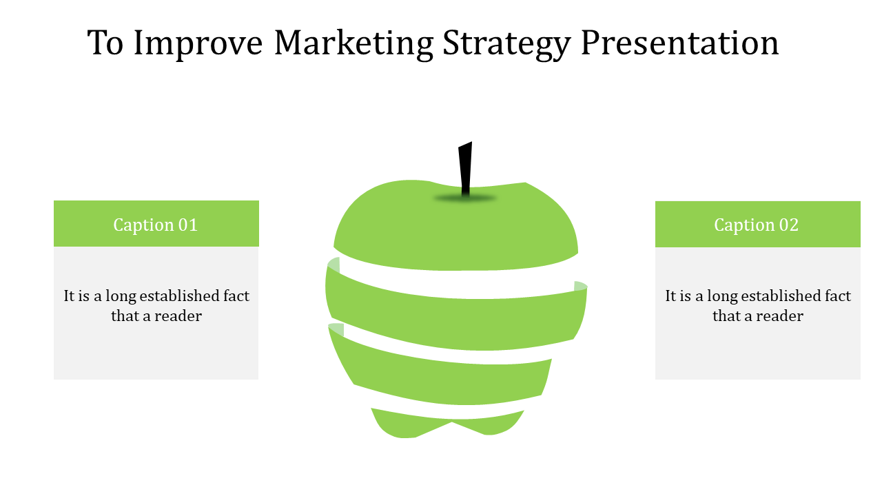 Marketing strategy presentation slide with a green apple graphic split into layers and captions on either side.