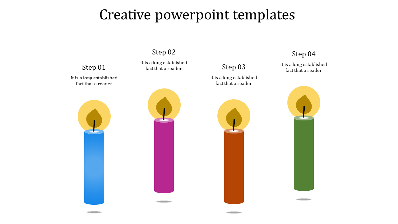 Creative PPT slide with four colorful candles in blue, pink, orange, and green, representing steps 1 to 4 with captions.