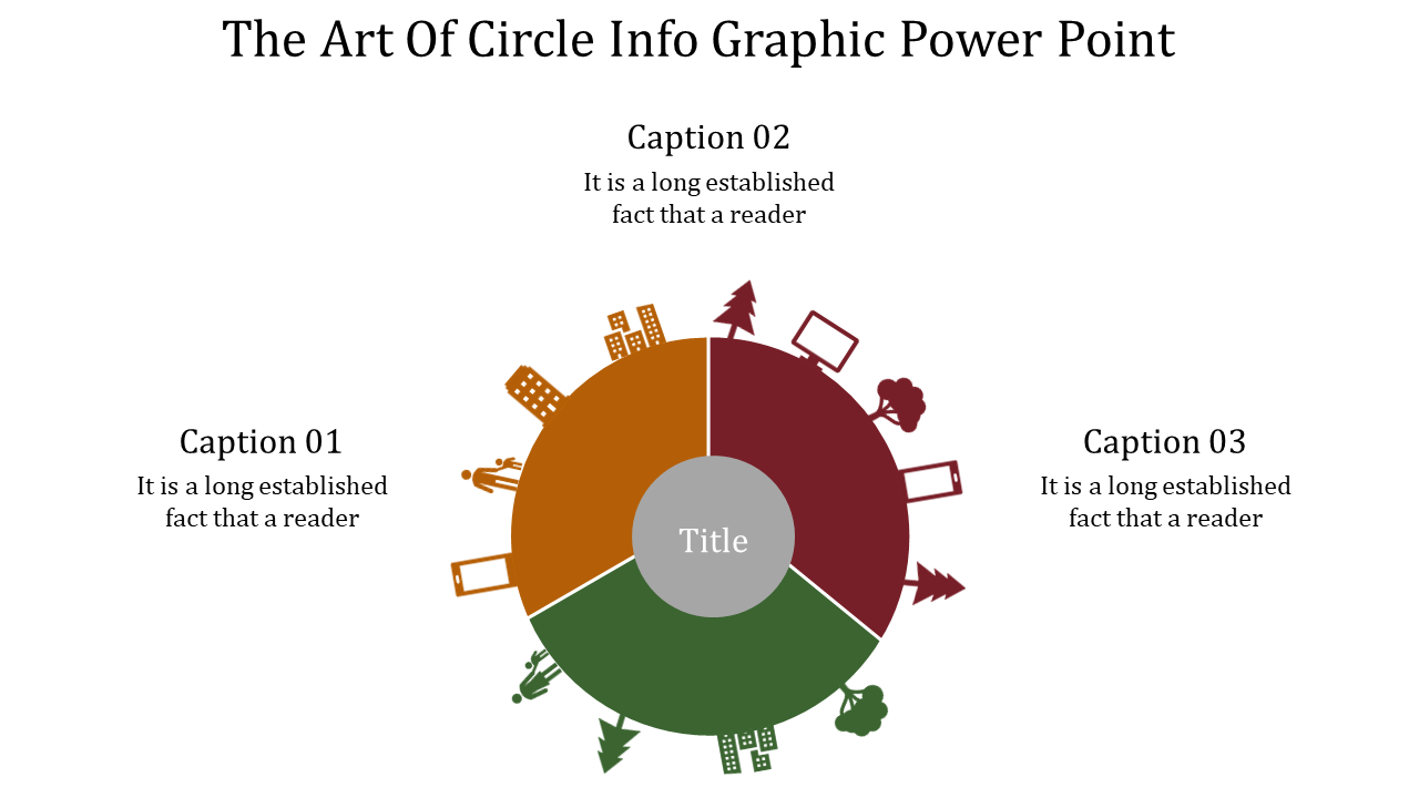 Creative infographic slide design with a circular chart divided into three parts, each labeled with a caption and icons.