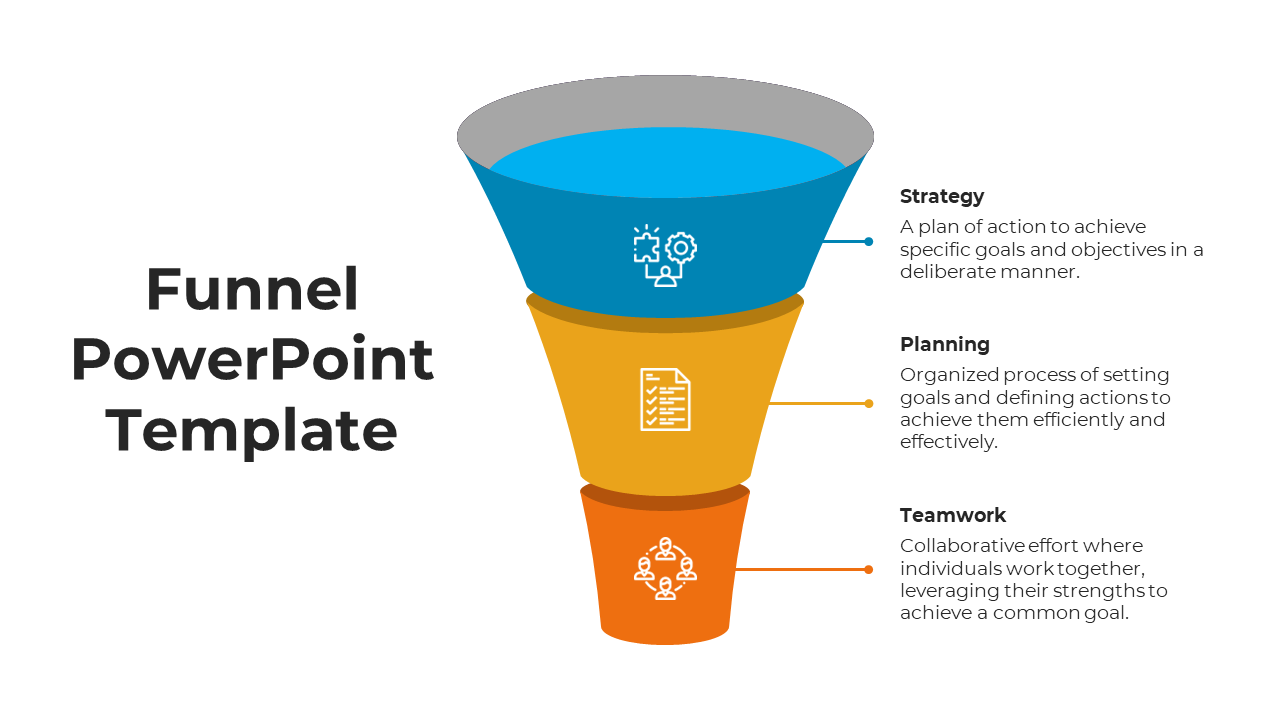 Three tier funnel infographic with blue, yellow, and orange sections featuring icons for strategy, planning, and teamwork.