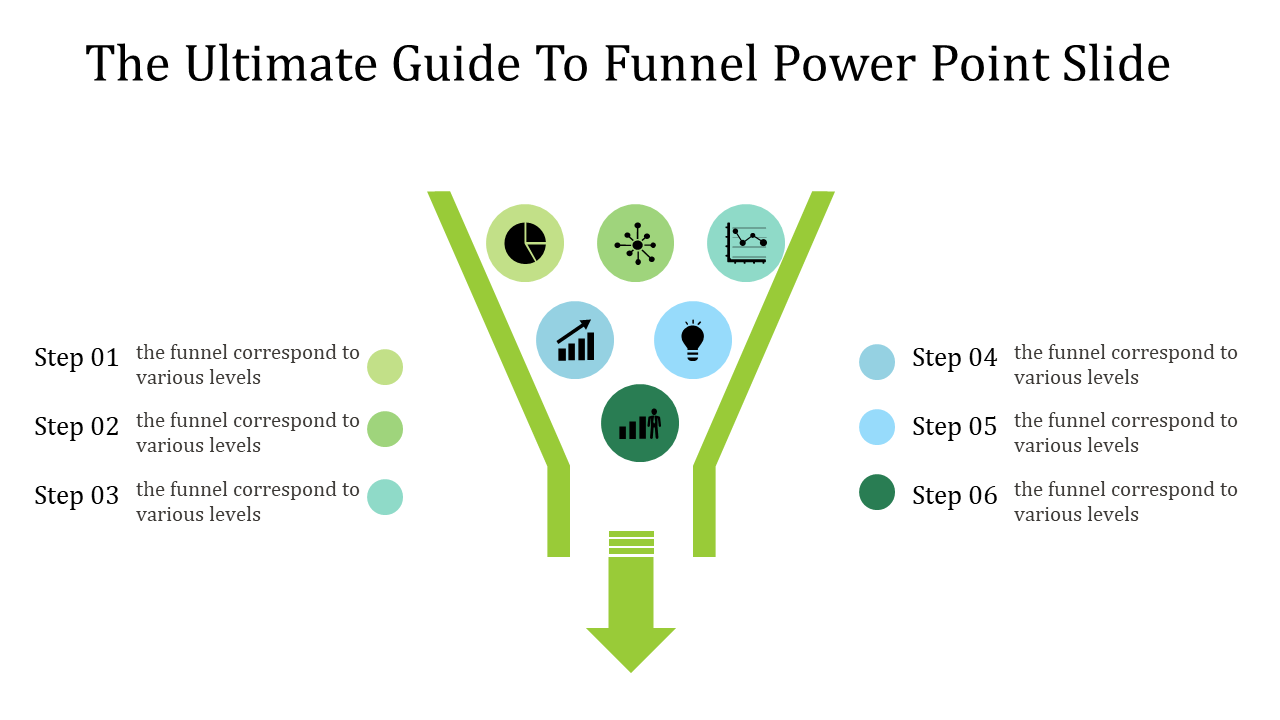 PowerPoint funnel slide displaying six labeled steps, each with a relevant icon, depicting a process flow.