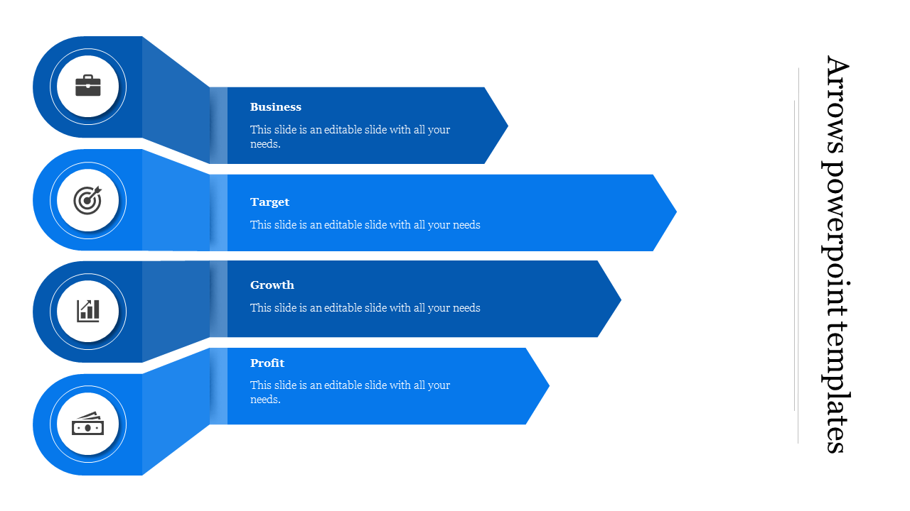 PPT slide featuring arrow shaped elements representing business, target, growth, and profit with icons and descriptions.