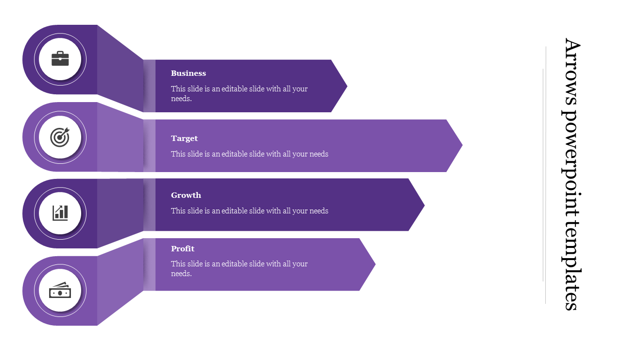 Purple arrows PowerPoint template with sections for business, target, growth, and profit, each with corresponding icons.