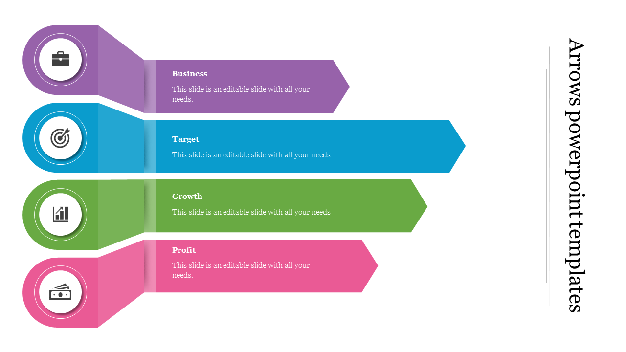 Colorful arrows infographic slide representing business, target, growth, and profit with icons and text fields.