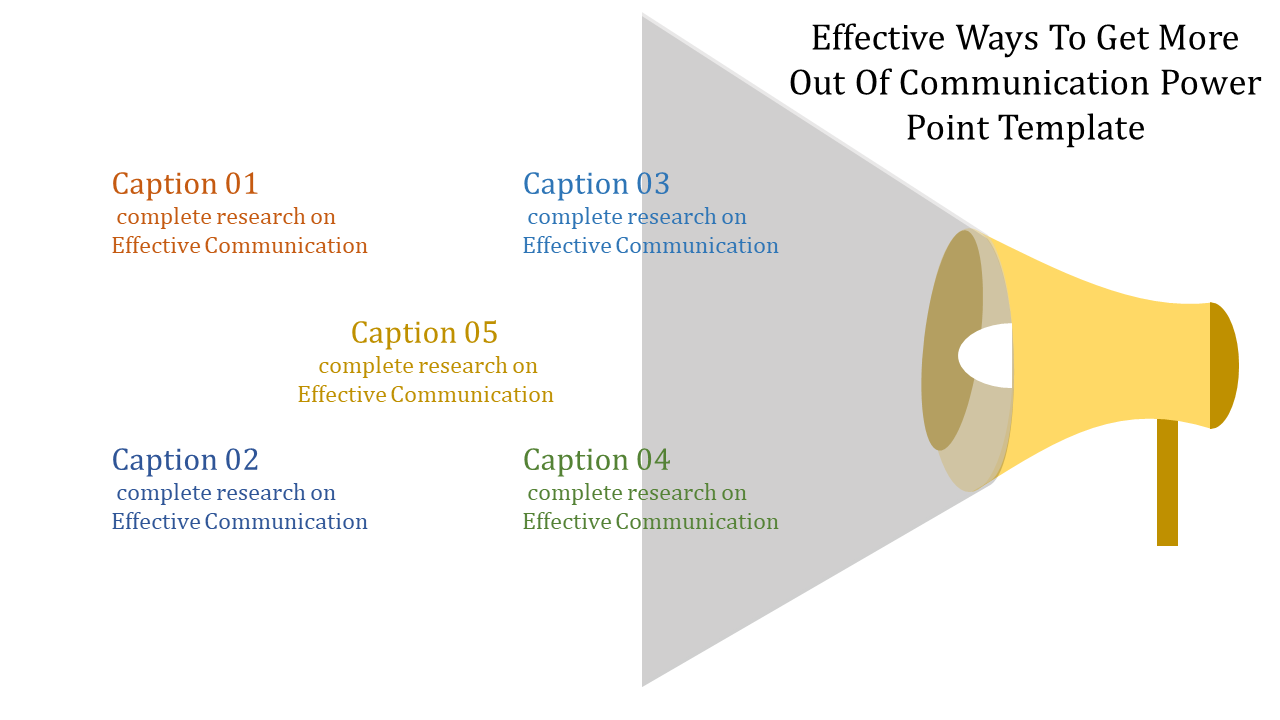 Communication template with a megaphone graphic projecting sound waves and five captions in orange, blue, green, and gold.