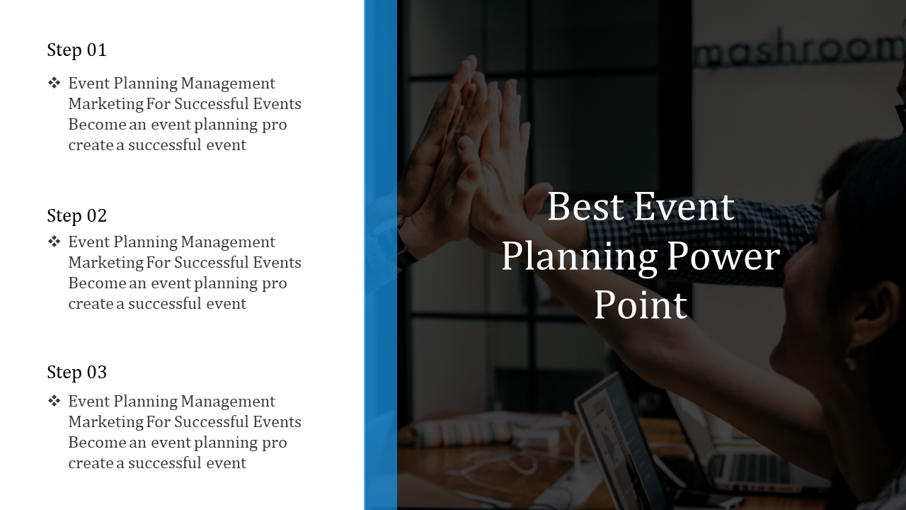 Event planning slide with three steps on creating successful events, featuring an image of people in a team setting.