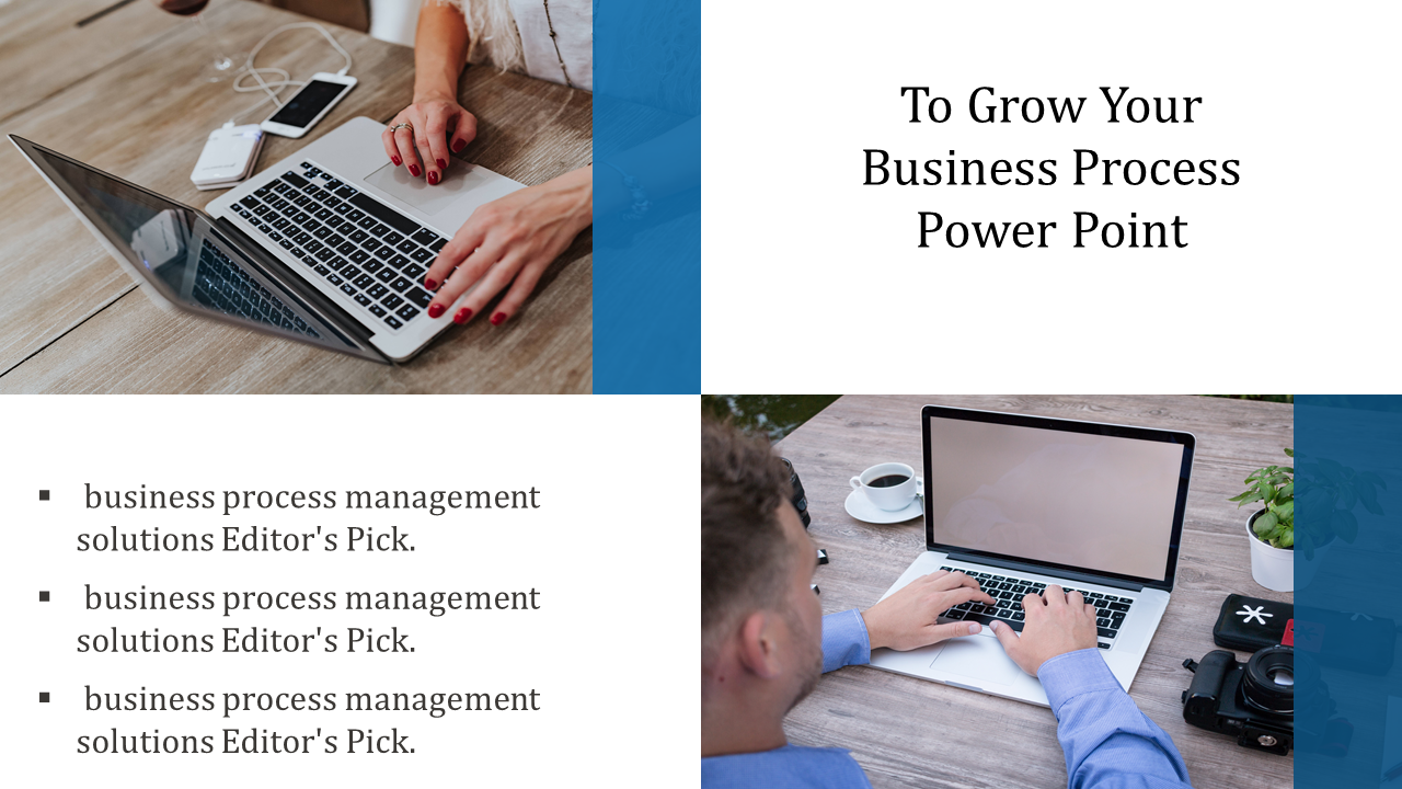 Split layout with two photos of people using laptops and text highlighting business process growth.