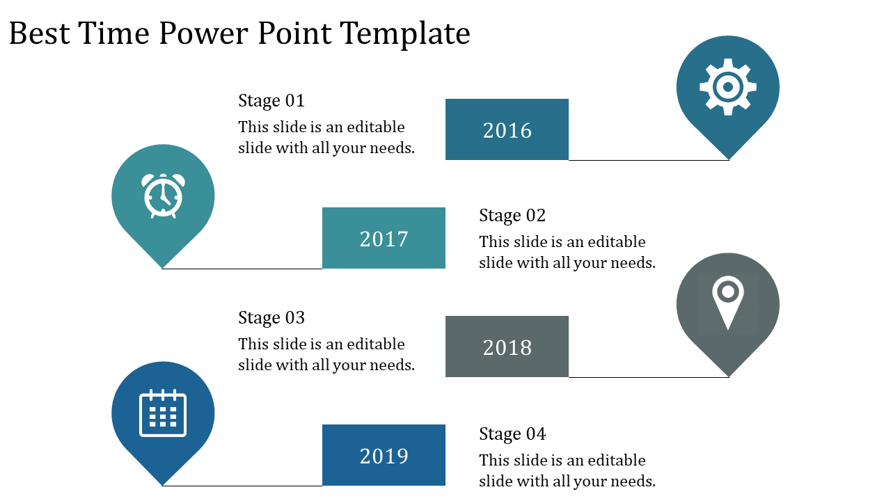 Timeline with map pin icons and rectangular year labels from 2016 to 2019, aligned with four descriptive stages.