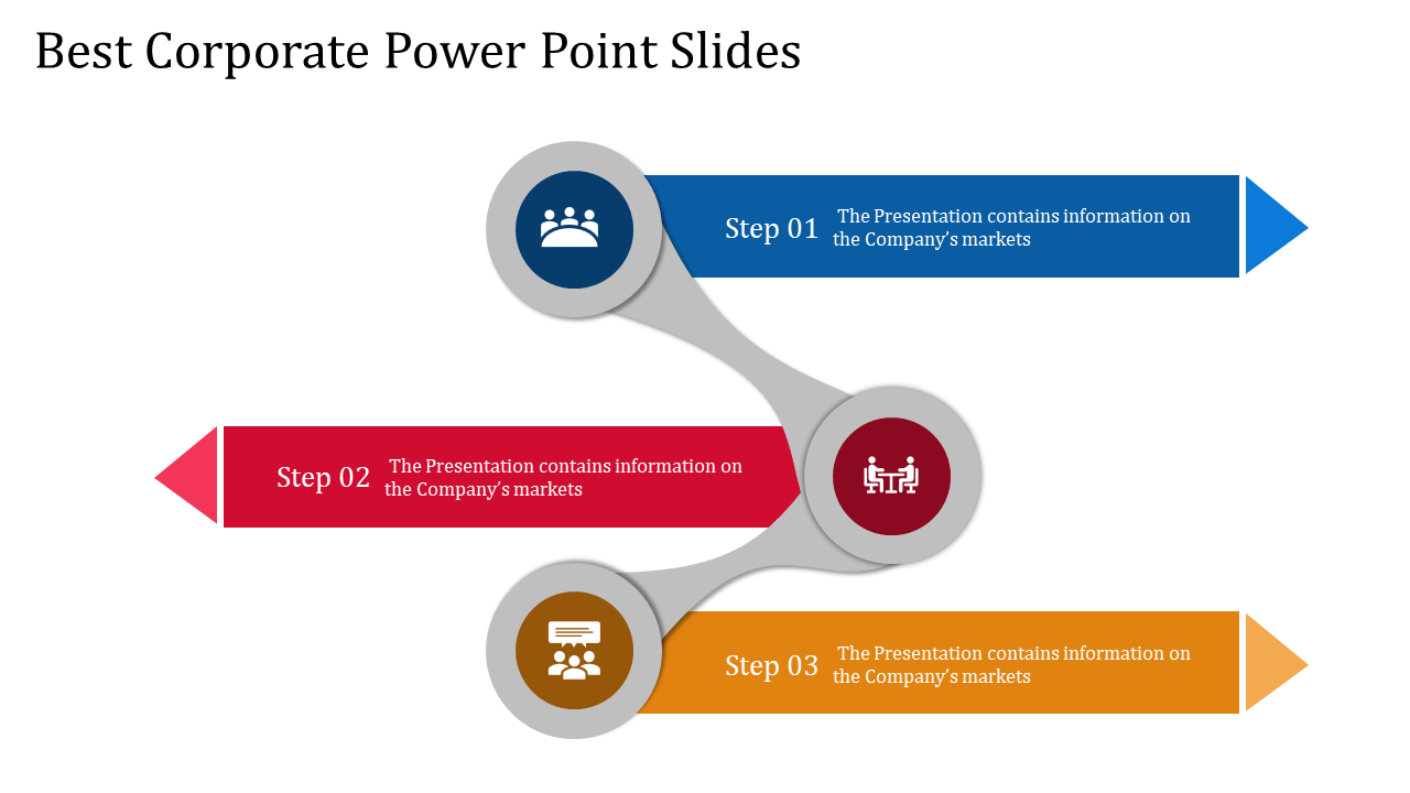 Corporate process infographic with three steps connected by circular nodes and directional arrows in blue, red, and orange.