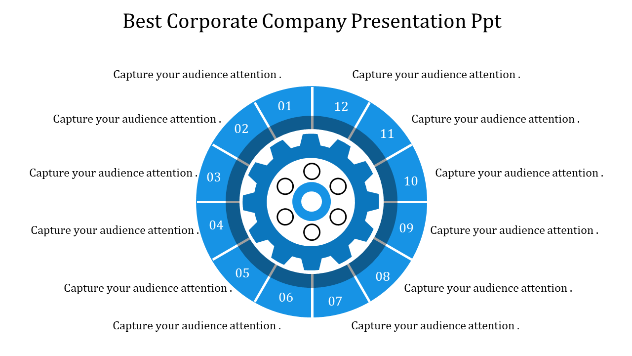 Corporate presentation design with a blue circular gear and numbered sections from 01 to 12, surrounded by text.